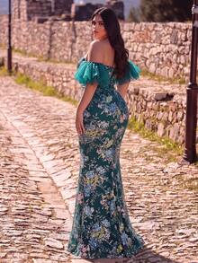Plus Size Glamorous Floral Sequin Open Shoulder Cold Shoulder Mermaid Formal Evening Gown Long Dress Wedding Party Vacation - Teal Blue - View 1
