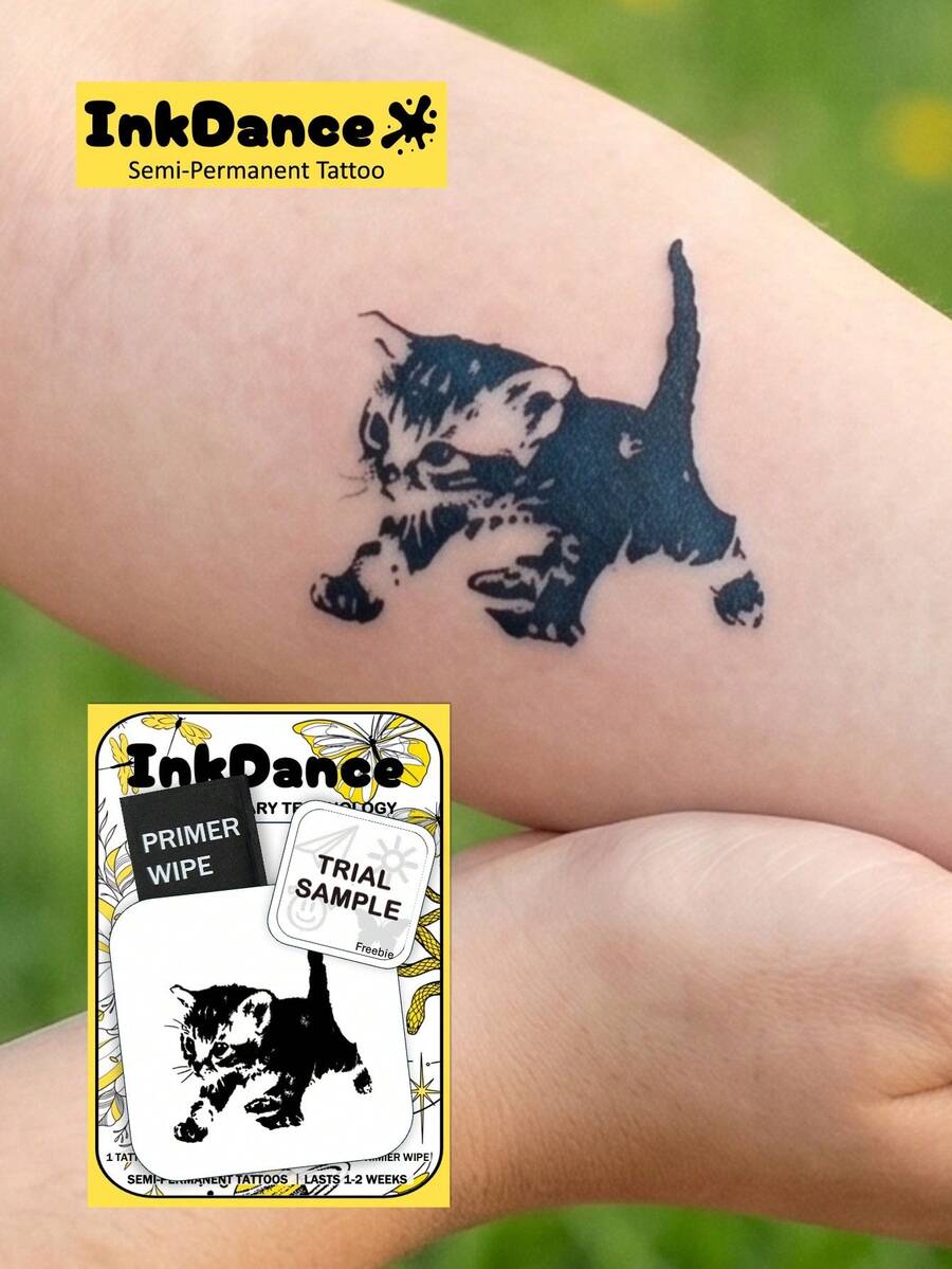 1 Set "Black Cat" New Technology Tattoo Stickers, Semi-Permanent, Cute Kitten, Temporary Tattoo, Realistic Design, Waterproof And Long-Lasting, Plant-Based Formula, InkDance, Ink Dance, Gift X100 - Black - View 1
