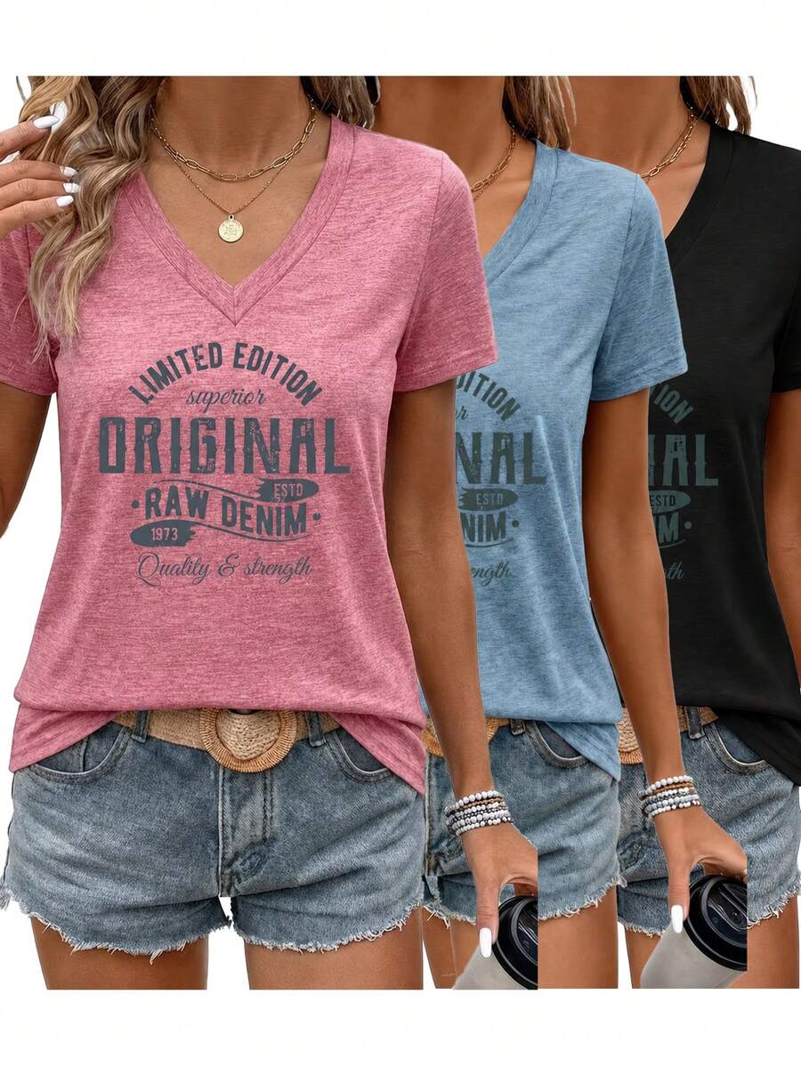 3pcs Women's Knitted V-Neck Short Sleeve Regular Length T-Shirts, Directional Print, Breathable And Soft - Pink+Black+Blue - View 1