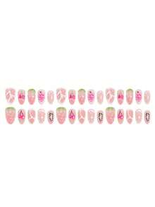 10pcs Medium Almond-Shaped Press-On Nail Set, Cute 3D Pink Fruit Strawberry, Cherry, Grape, Lemon And Water Drop Fake Nails, Japanese Sweet Summer Style, Suitable For Women And Girls Beach Vacation Outfit - Multicolor - View 4