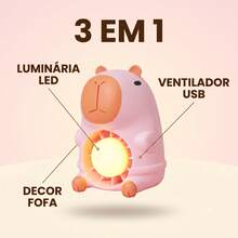 Mini Ventilador Capivara USB Recarregável com Luminária LED Luz Noturna Infantil Presente Decoração - Rosa Bebê - Visão 3