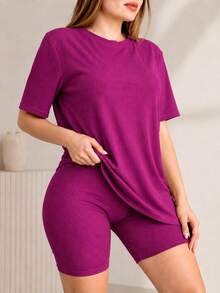 Mock Neck Drop Shoulder Tee & Biker Shorts - magenta - View 1