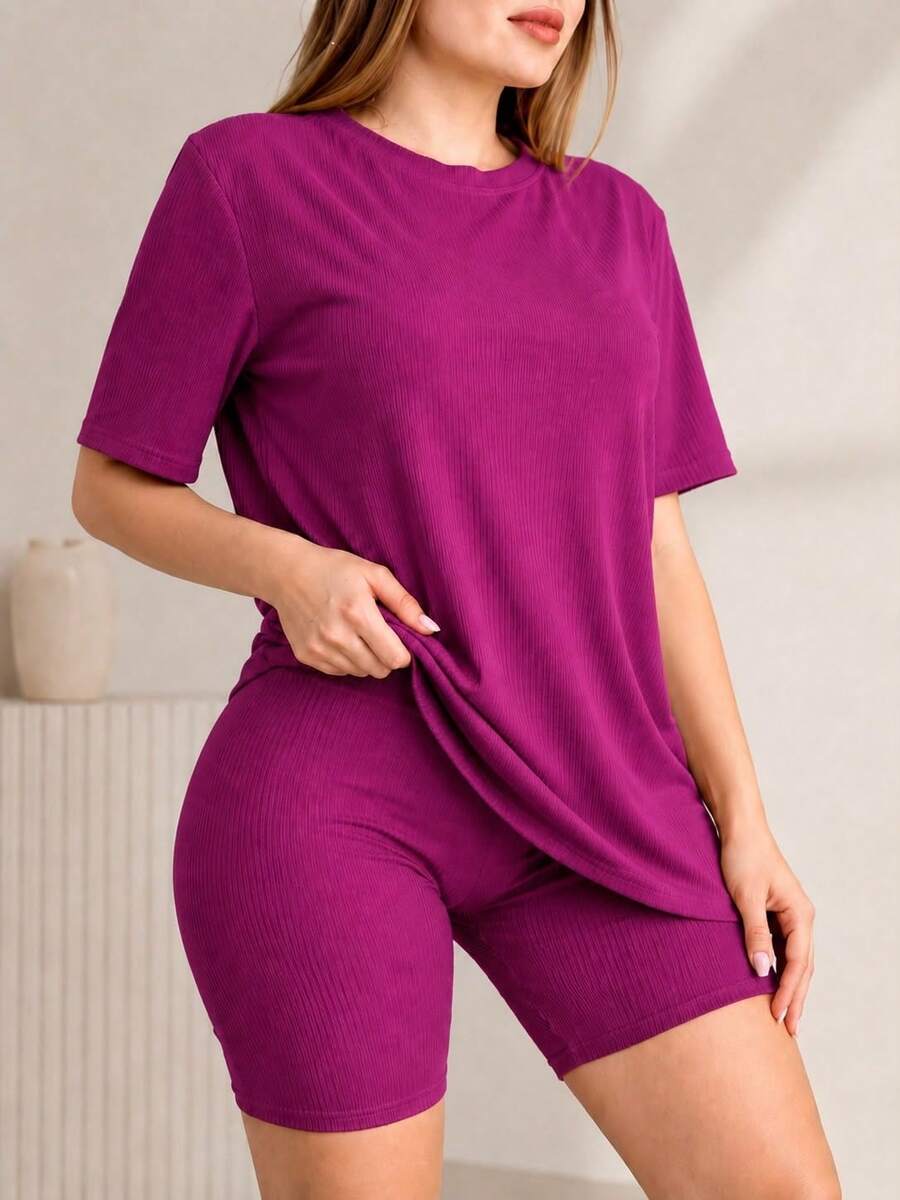 Mock Neck Drop Shoulder Tee & Biker Shorts - magenta - View 1