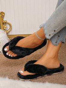 Wide Fit Women's Black Faux Fur Thong Slippers, Extra Wide Soft Fluffy Thin Sole Indoor House Slides, Autumn/Winter - Black - View 3