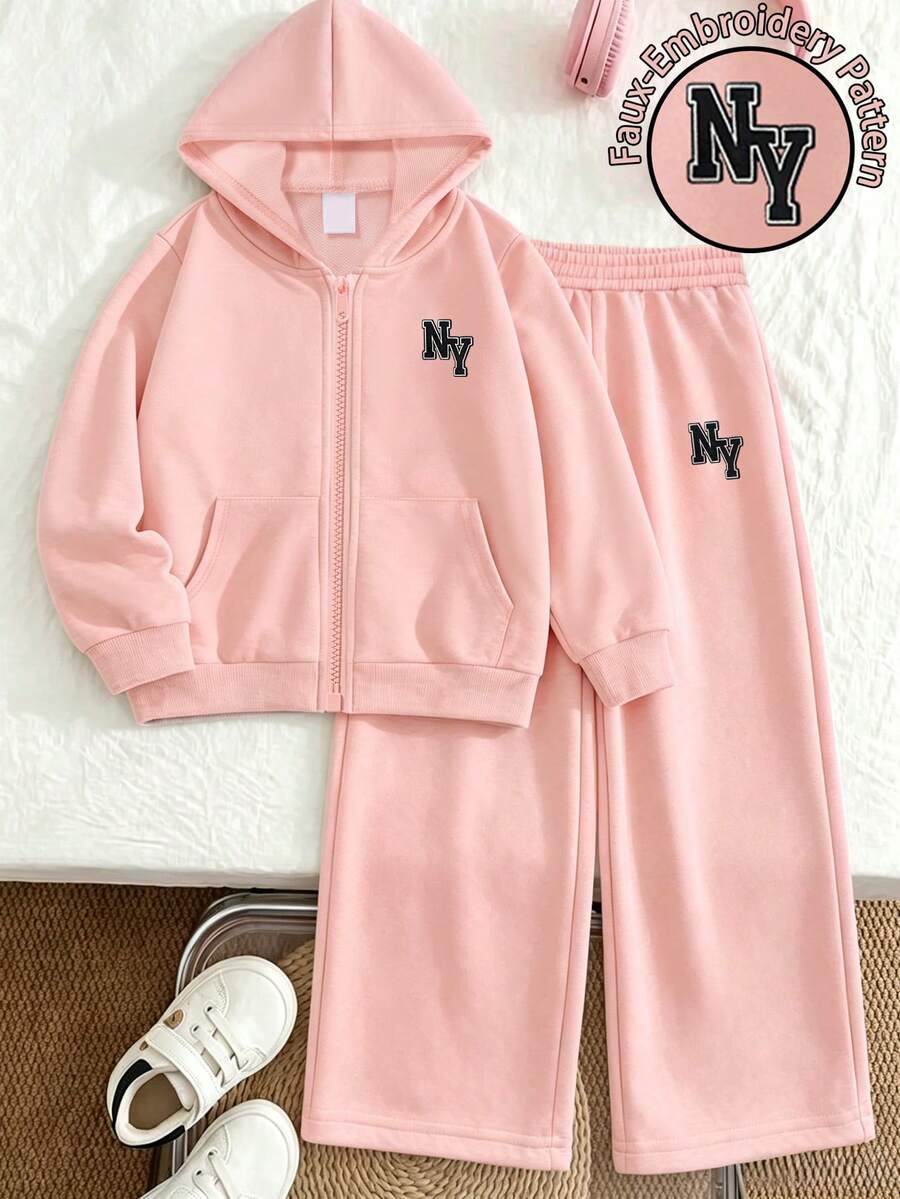2pcs Girls Outfit Set, Includes Embroidered "NY" Letter Hoodie Jacket And Simple Casual Wide Leg Pants, Comfortable Autumn/Winter Daily Wear - Pink - View 1
