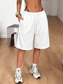 Women's Summer Casual Versatile 5-Point Pants, Elastic Waist Drawstring Loose Drape Lazy Wide Leg Mid-Length Shorts - White - View 2
