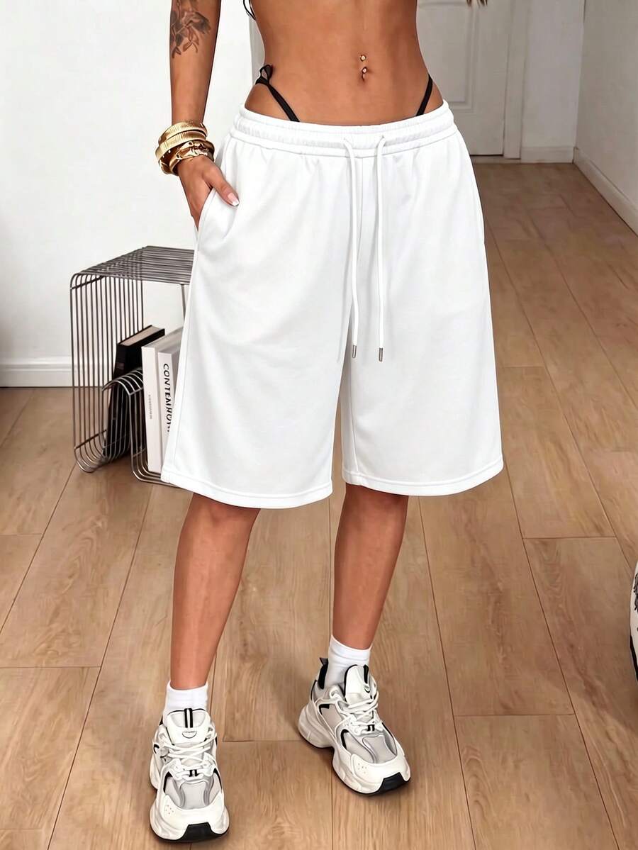 Women's Summer Casual Versatile 5-Point Pants, Elastic Waist Drawstring Loose Drape Lazy Wide Leg Mid-Length Shorts