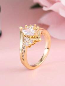 1Pc Gold Tone Marquise Cut Clear Zirconia Bypass Stackable Statement Ring, Multi Stone Paved Crystal Twist Finger Ring For Women, No Box. - Gold - View 5