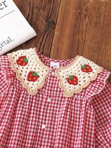 Baby Girl Autumn/Winter Red Plaid Long Sleeve Romper With Strawberry Crochet Collar, Cute - Red - View 4