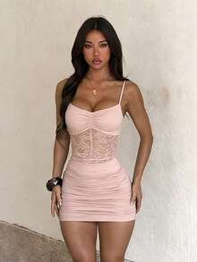 女款夏季性感時尚蕾絲細肩帶洋裝，派對洋裝，適合約會、聚會、派對、度假、海灘 - 粉色 - 查看 4
