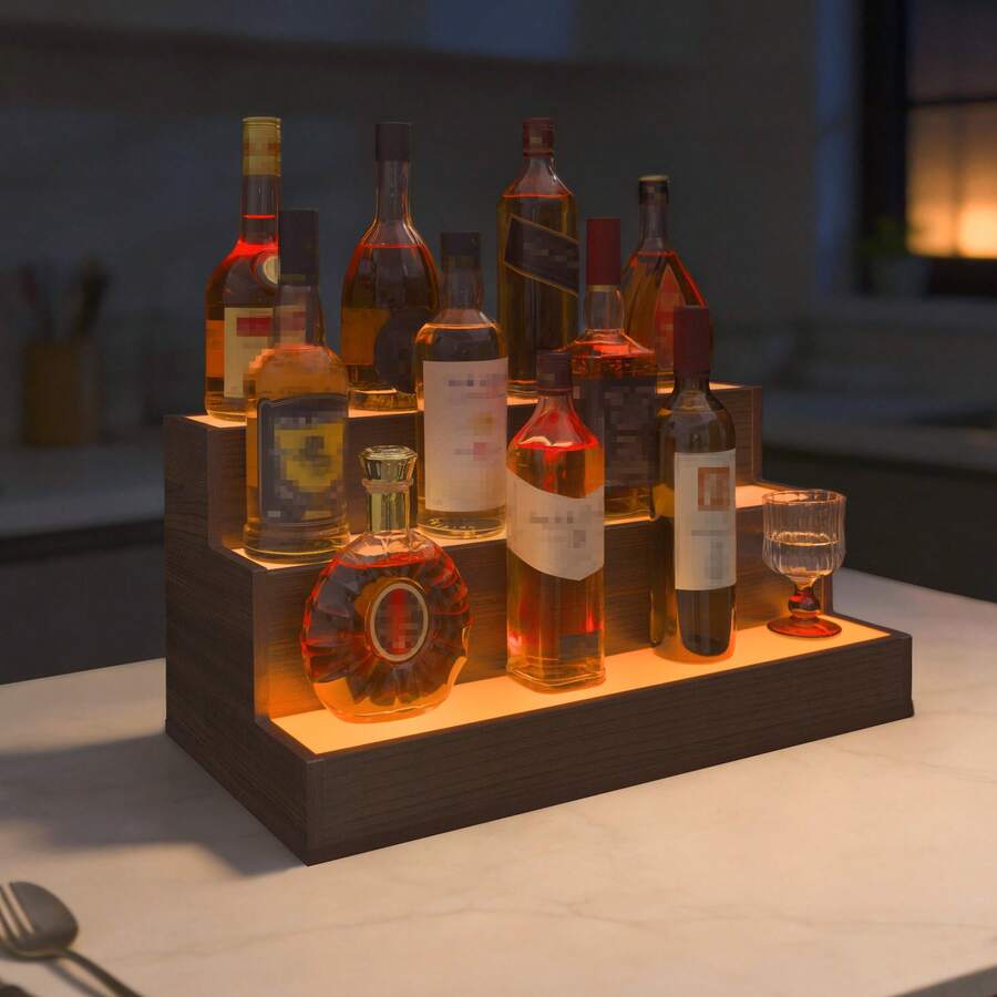 LED Lighted Liquor Bottle Display Shelf, 24/37 Inch Bar Display Shelf, 3 Step Freestanding Holding Bottles For Home Bar, Party, Walnut - Walnut - View 1