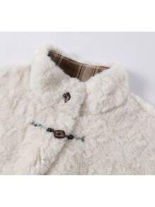 Korean Vintage Horn Button Leather Fur Jacket, Button-Up Coat, College Style, Casual Daily Wear, Autumn/Winter - Apricot - View 2