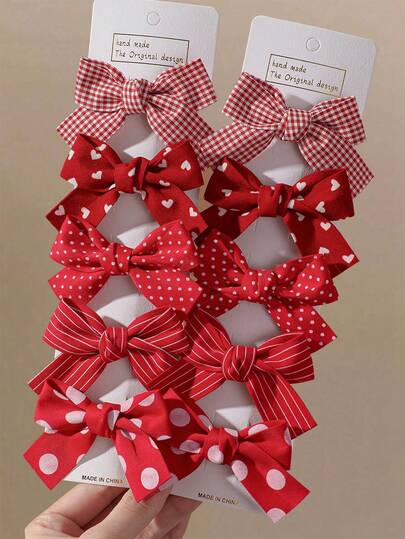 10/5pcs Girls Red Plaid Heart & Polka Dot Print Fabric Bow Hair Clips, Spring Clip, Alligator Clip, Cute Daily Hair Accessories