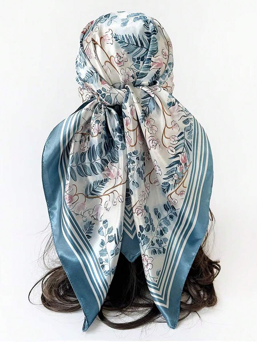 Fresh Blue Floral Leaf Plant Print Satin Square Scarf, Blue And White Contrast Striped Hem Silk Scarf, Women's Headscarf Necktie Bag Strap, Spring/Summer Fresh Gentle Girl Commute Travel Accessory - Multicolor - View 1