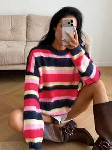 女款優雅彩色條紋對比色毛絨套頭毛衣，秋冬款 - 彩色 - 查看 5