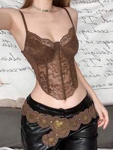 Chic Women's Brown Lace Tank Top Short Cropped Knitted Camisole With Corset Detailing, Sheer And Medium Stretch For A Stylish Look - Brown - View 6