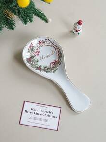 1pc Christmas Holly Ceramic Spoon Rest, Can Hold Soup Spoon And Long Handle Spoon, Kitchen Countertop Anti-Splash And Anti-Drop Spoon Holder, Suitable For Home Decor Tableware Storage, Tableware Cutlery, Soup Spoon Tray, Gift, Holiday Decoration - Multicolor - View 4