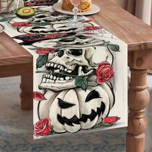 1PC Halloween Skull Red Rose Table Runner, Top Hat Spider Web White Jack-O-Lantern Beige Background Rectangular Table Runner, Gothic Spooky Fall Halloween Decor For Kitchen Dining Table Home - Black - View 3