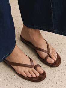女款夏季時尚極簡休閒一腳蹬圓頭平底棕色涼鞋 - 棕色 - 查看 5