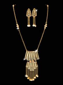 3pcs Copper Plated 18K Champagne Gold Middle Eastern Style Luxury Elegant Tassel Hollow Y-Shaped Long Necklace & Earrings Jewelry Set, Eye-Catching Necklace & Earrings For Festival, Party, Dubai Bride, Wedding, Daily Casual, Vacation, Blessing Gift Jewelry Set - Champagne - View 2