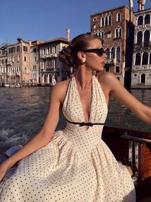 1pc Polka Dot Elegant Knit Fabric Backless Contrast Trim Halter Neck Dress For Women, Casual & Date Wear - Apricot - View 1