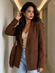 MODA MO, REF: MK0254 Women's Fitted Blazer, Elegant And Modern Suit Jacket, Sophisticated Social Look, Ideal For Valentine's Day, Feminine Style And Charm, Tailoring With Perfect Fit, Executive Fashion With A Romantic Touch - 巧克力棕 - 查看 7