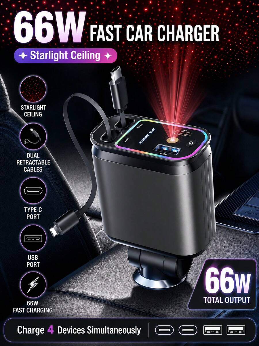 Cargador de coche retráctil 4 en 1, adaptador USB-C de carga rápida con cables de datos retráctiles duales y múltiples puertos, accesorio de coche con luz ambiental de estrellas, compatible con teléfonos y Android, regalo para mujeres