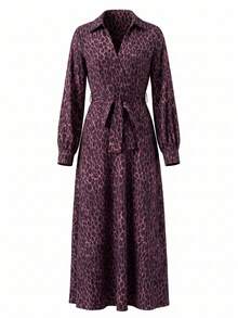 Roviva Women's Autumn Fashion Casual Vintage Street Style Cross V-Neck With Collar Belt Long Sleeve Long Dress, Suitable For Beach Vacation, Sand, Party Gathering, Outdoor Street Photography, Daily Wear, Dating, Back To School Season, Teacher's Day, Commuting, Office - Purple - View 6