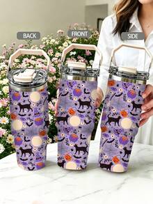 1pc/5pcs 30oz Halloween Witch Black Cat Stainless Steel Insulated Tumbler With Handle And Straw, Cute Black Cat, Witch Hat, Pumpkin And Spider Web Print, Leak-Proof Flip Lid, Suitable For Travel, Work, Fitness And Daily Outdoor Use - Light Purple - Black Cat Pumpkin - View 4