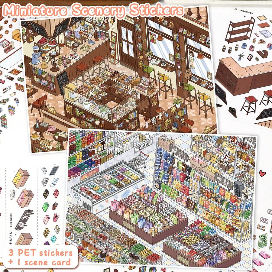 3 Sheets Sticker Material + 1 Scene Card + 1 Effect Image/Pack, Size 28*21cm, 3D Stereoscopic Fun Scene Stickers, Scrapbook Stickers, Suitable For Gifts, Office, Home, Classroom, Entertainment Toys, Student Scrapbooks