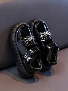 Girls' Academy Style Thick Sole Loafers, Butterfly Metal Decor, Hook And Loop Easy Wear, Versatile Retro Casual Flat Shoes - Black - View 4