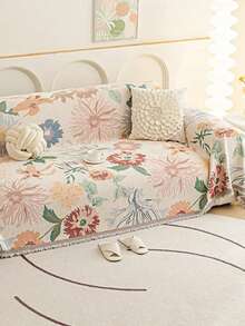 1pc Floral Jacquard Sofa Throw Blanket, All-Season Tassel Sofa Cover, Non-Slip Washable Living Room/Bedroom Furniture Protector, Suitable For 1/2/3/4 Seater Sofa - Multicolor - View 6