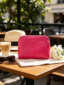 Lancôme Bright Fuchsia PU Makeup Bag LANCOME-GIFT-26 Embossed Large Rose Pattern Full Zip Large Capacity Travel Toiletry Bag Women's Gift Set - Hot Pink - View 2