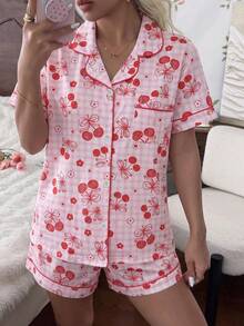 2pcs Women's Comfortable Plaid Cherry Print Short Sleeve Collared Top And Bowknot Shorts Pajama Set, Spring/Summer - Pink - View 1