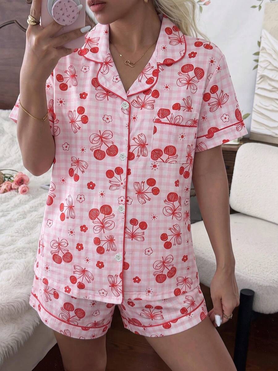 2pcs Women's Comfortable Plaid Cherry Print Short Sleeve Collared Top And Bowknot Shorts Pajama Set, Spring/Summer - Pink - View 1