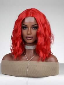 FIVE STARS 4*1 Handmade Wavy Bob Lace Front Full Wig, 14 Inch, Heat-Resistant Synthetic Fiber, Bright Red, Soft Fluffy Waves, Fashionable Style, Suitable For Daily Wear, Festivals, Halloween, Christmas And Portrait Photography - Multicolor - View 5