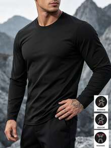 Men's Solid Color Crew Neck Long Sleeve Sports Top - Black - View 2