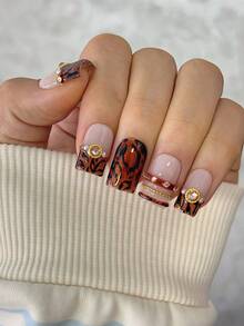 10 Peças/Conjunto Unhas Y2K Feitas à Mão, Unhas Fofas, Unhas Marrons, Unhas Olho de Gato Marrom, Unhas de Joias 3D & Unhas de Leopardo, Perfeitas para Festas & Uso Diário. Unhas Quadradas Curtas. Unhas Postiças Quadradas Feitas à Mão, Unhas Falsas, Unhas Acrílicas, Unhas Curtas, Unhas de Verão - Multicolorido - Visão 3