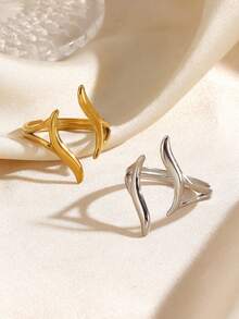 2PCS/1PC Stainless Steel Minimalist Fashion Geometric Line Wave Rings - Multicolor - View 4
