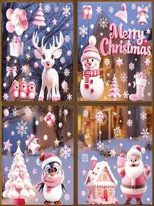 9pcs Pink 3D Christmas Window Stickers, Christmas Decoration Decals, Suitable For Christmas Home Decor, Including Santa Claus, Reindeer, Snowman, Snowflake, Christmas Elements, Suitable For Holiday Office Decoration, Christmas Window Stickers - View 6