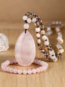 Yumfeel 2PCS Elegant Natural Rose Quartz Necklace & Bracelet Set, Fashion Water Drop Pendant Sweater Chain, Valentine's Day Gift - Multicolor - View 7