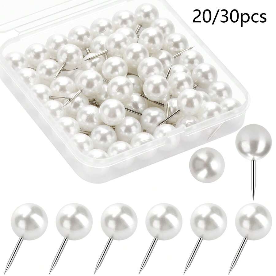 20/30 piezas de chinchetas decorativas de perla blanca - Chinchetas de cabeza redonda grande y linda para tablero de anuncios & tablero de corcho - Chinchetas de perla estéticas para fotos, mapas, calendarios, decoración del hogar & oficina - A - Ver 1