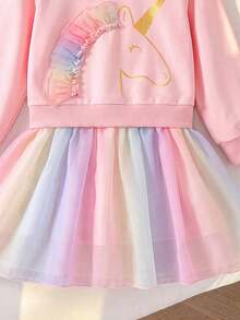 Girls' Fashionable Pony Print Turn-Down Collar Multicolor Mesh Dress - Pink - View 5