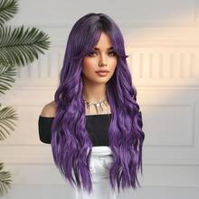 24 Inch Long Body Wave Purple Wig With Curtain Bangs, Heat Resistant Synthetic Wig Dark Black Root Violet Loose Curly Wigs For Women, Natural Looking Fashion Wig For Daily Party Cosplay - Multicolor - View 4