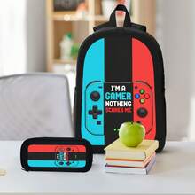 Gamer Style Back To School Student Backpack Multi-Compartment Set Three Stripes Game Console Unisex Laptop Pocket Insulated Lunch Cooler Pencil Case - Black - View 8