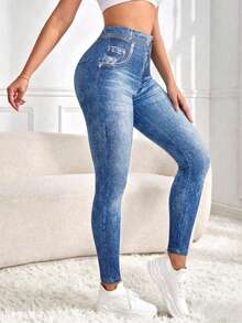 Women's Autumn/Winter Elastic 3D Denim Print Skinny Leggings With Faux Pockets, Suitable For Daily Wear, School, Graduation And Outings - Medium Wash - View 5