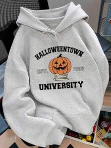 Halloween Pumpkin Letter Print Sweatshirt, Plus Size Women's Casual Autumn/Winter Long Sleeve Pocket Sweatshirt Sweatshirt, Suitable For Winter Holiday Outfits, Beach Outfits, Vacation Outfits, Autumn Outfits, Halloween Outfits, Christmas Outfits, New Year Outfits. Suitable For Daily Wear, Outings, Excursions, Holidays, Beach, Parties, Birthdays, Beach, Gatherings, School, Music Festivals, Vacations, Commuting, Fitness, Weddings, New Year, Fashionable, Winter Tops, Women's Autumn Outfits, Women's Holiday Clothing - Light Grey - View 3