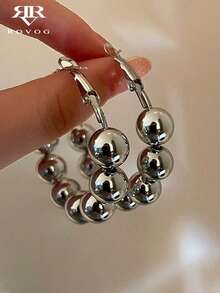 1 Pair Minimalist Fashion CCB Beaded Hoop Earrings Suitable For Women's Casual And Party Wear - Silver - View 1