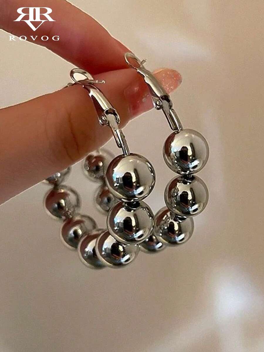 1 Pair Minimalist Fashion CCB Beaded Hoop Earrings Suitable For Women's Casual And Party Wear - Silver - View 1