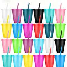 10/20pcs Colorful Glitter Sequin Cups With Straws And Lids, Reusable Water Cups, Iced Coffee To-Go Cups; Suitable For Birthday, Wedding, Bachelorette Party, Hawaiian Beach Pool Party And Family Gathering Adult Plastic Cups, 16oz (Vibrant Colors) - Color: Random - View 11